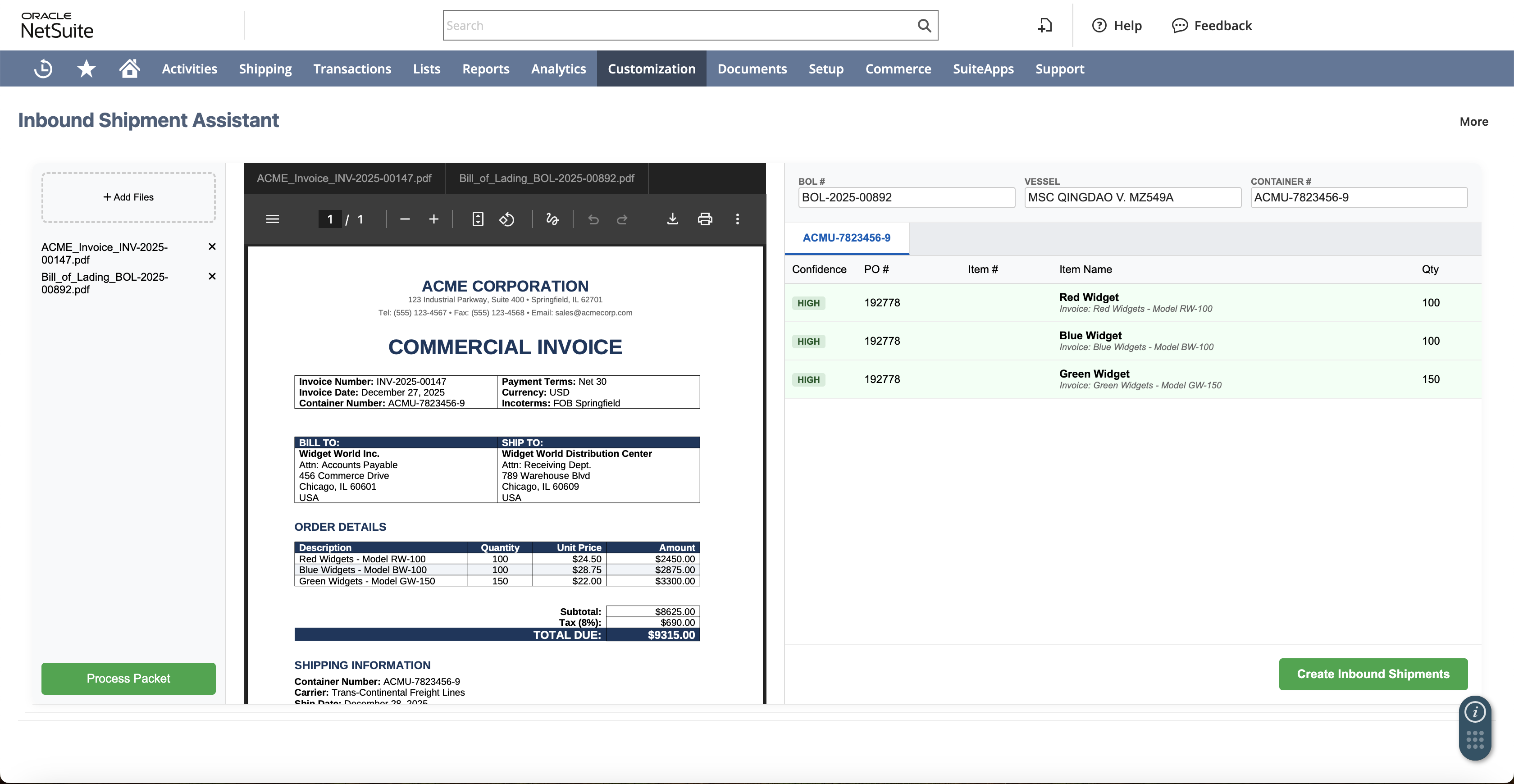 Inbound Shipment Assistant interface showing document scanning