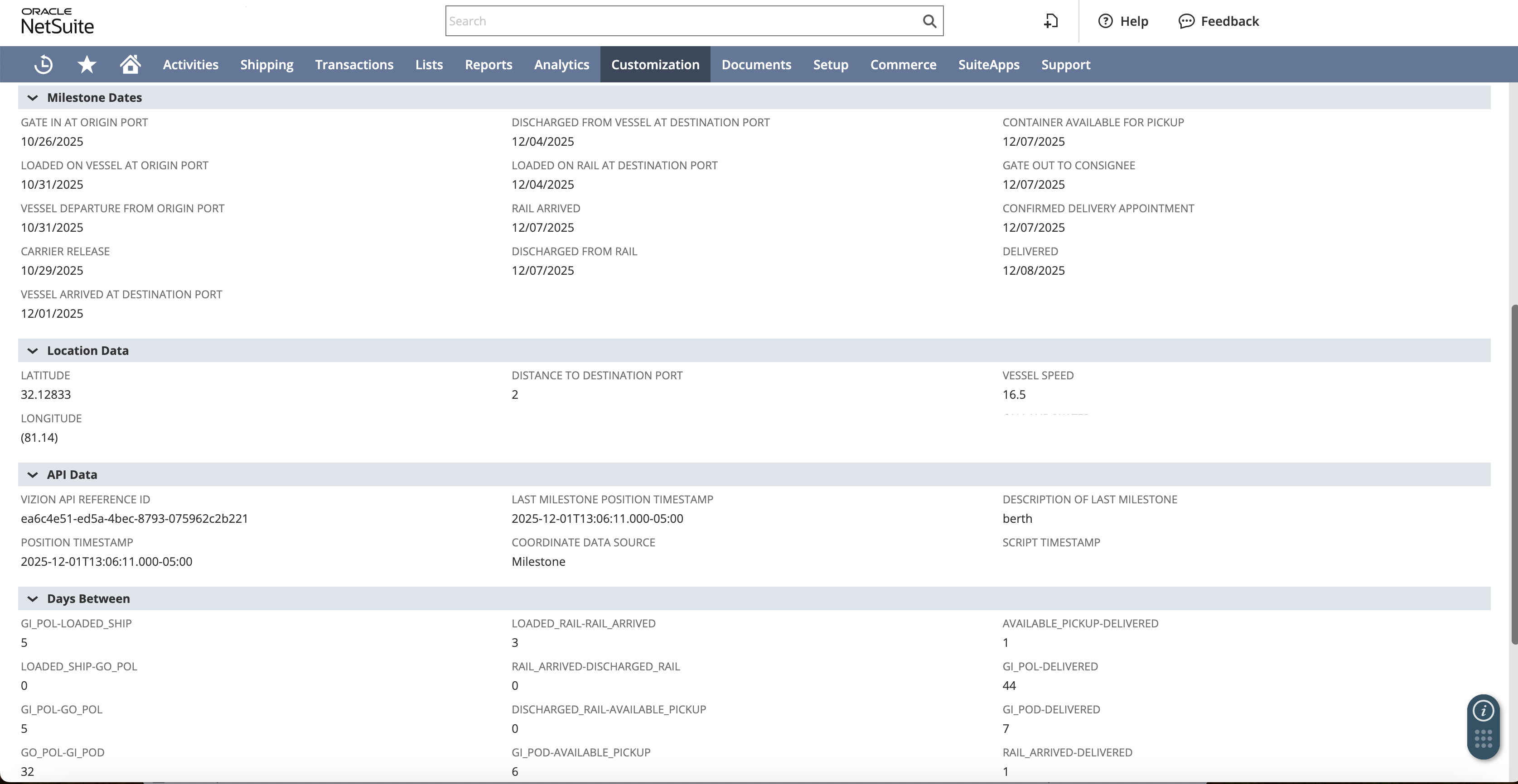 Inbound Shipment Record showing enriched tracking fields