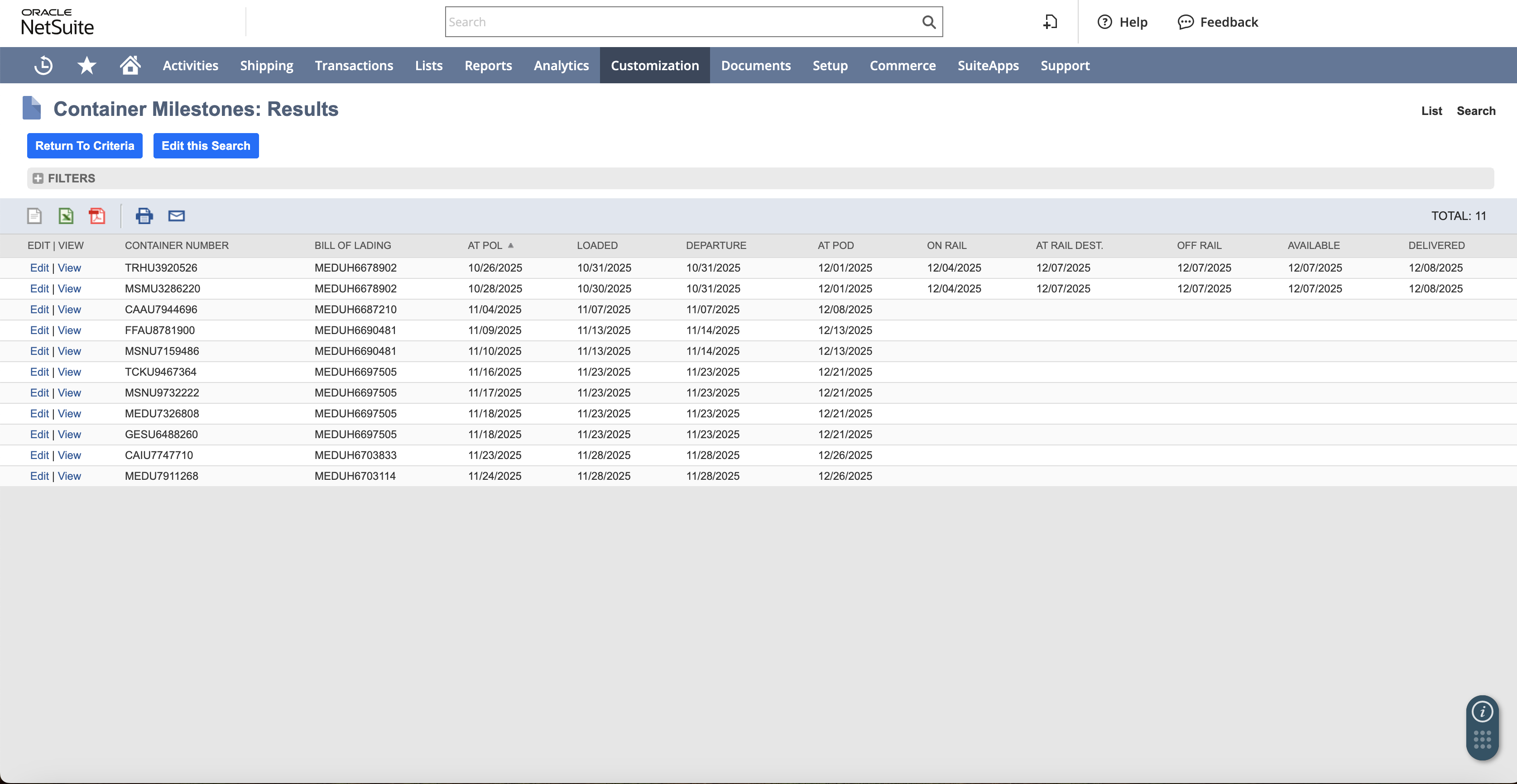 Container Milestones showing automated tracking timeline